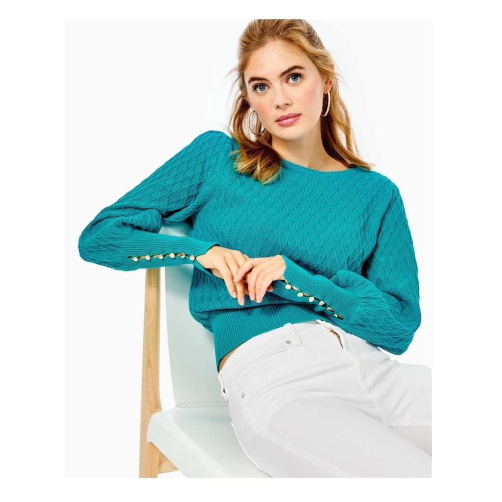 Lilly Pulitzer Women Large Jacquetta Sweater Maldives Green (Teal) Crewneck